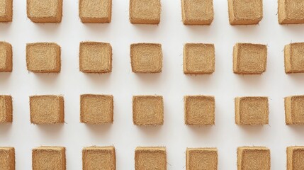 Stacked square straw bales in even rows on a white background, emphasizing symmetry and farming efficiency.