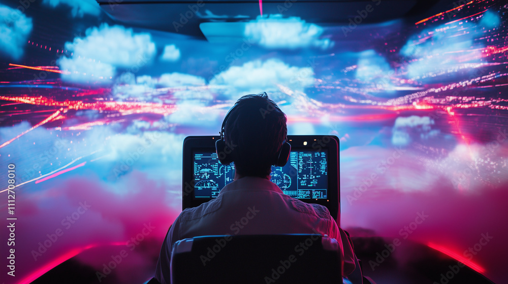 Poster a vibrant view of a pilot in a high-tech simulator, with screens displaying clouds and a bustling ai