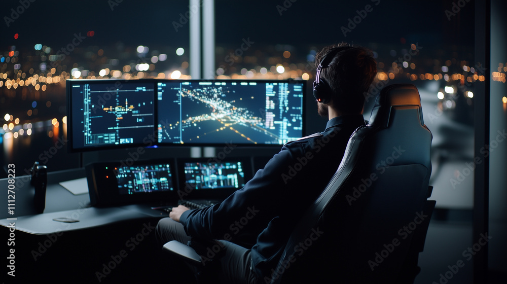 Poster a modern flight simulator environment with a pilot practicing nighttime navigation, monitors showing