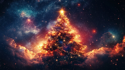 Fototapeta premium Glowing Christmas tree with golden lights and star topper in a cosmic setting with nebulae and starry background.