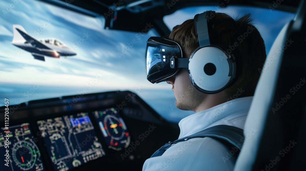 Poster a side view of a pilot in a vr-equipped cockpit, surrounded by modern flight control panels and virt