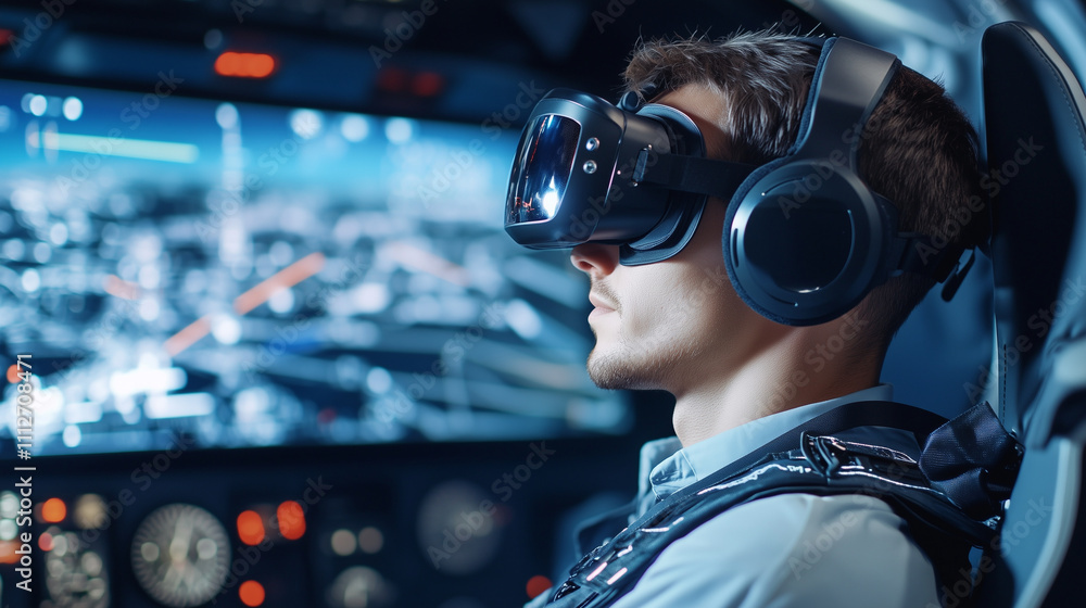Poster a side view of a pilot in a vr-equipped cockpit, surrounded by modern flight control panels and virt