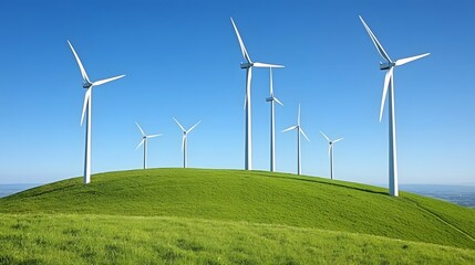 Fototapeta premium Wind turbines on a green hillside under a clear blue sky in a renewable energy landscape