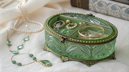 A beautiful round antique green glass crystal jewelry box with jewelry, photo illustration. Close-up. Generative AI.