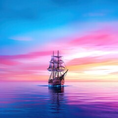 Fototapeta premium A majestic ship sailing across tranquil waters under a vibrant sunset sky.