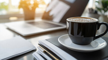 Modern Workspace with Open Folders, Laptop, and Coffee Cup on Tidy Desk