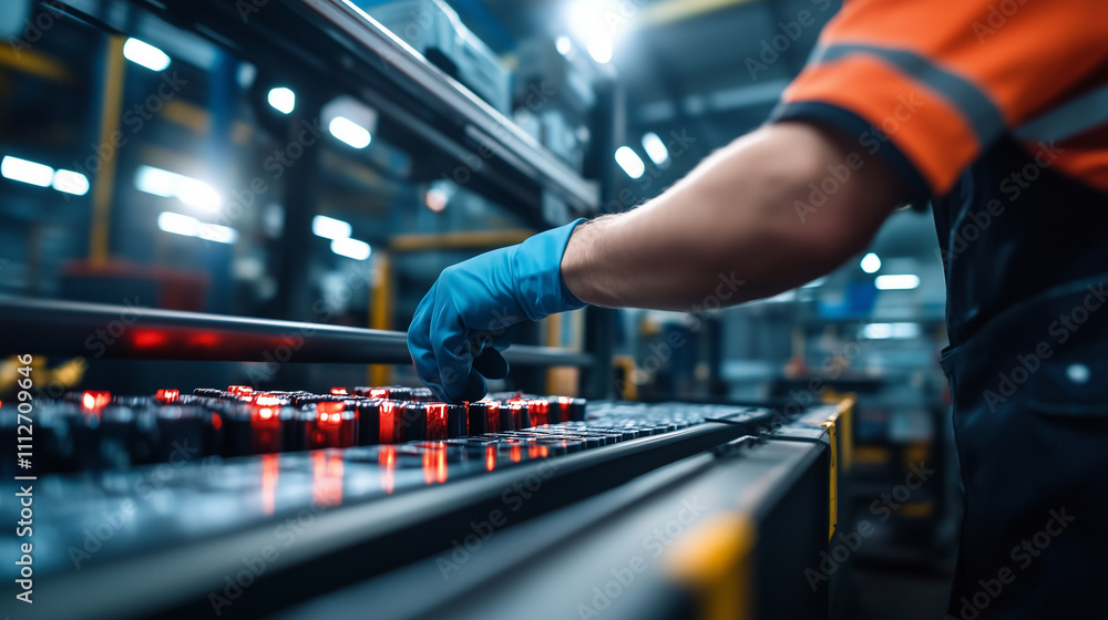 Poster a worker placing batteries into a machine for processing in a recycling plant, with focus on safe an