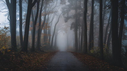 Naklejka premium A misty forest path lined with tall trees, creating a serene and mysterious atmosphere. The ground is covered with fallen leaves, and the fog adds depth to the scene.