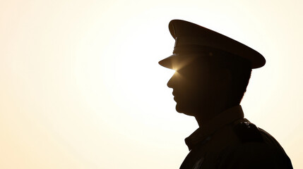 Police security checkpoint concept. police officer standing guard at checkpoint, silhouetted against sun