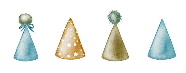Watercolor Party Hats isolated on white background