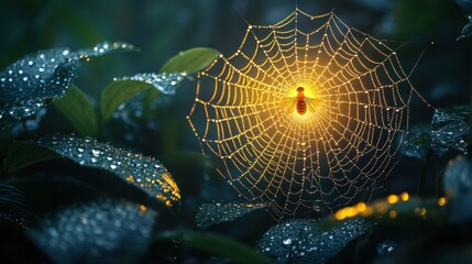 Glowing spider / insect trapped in a dew-kissed spiderweb at dawn.