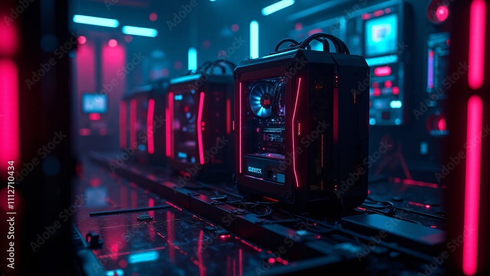 Poster a cryptocurrency mining rig surrounded by glowing cables and digital data flows, representing digita
