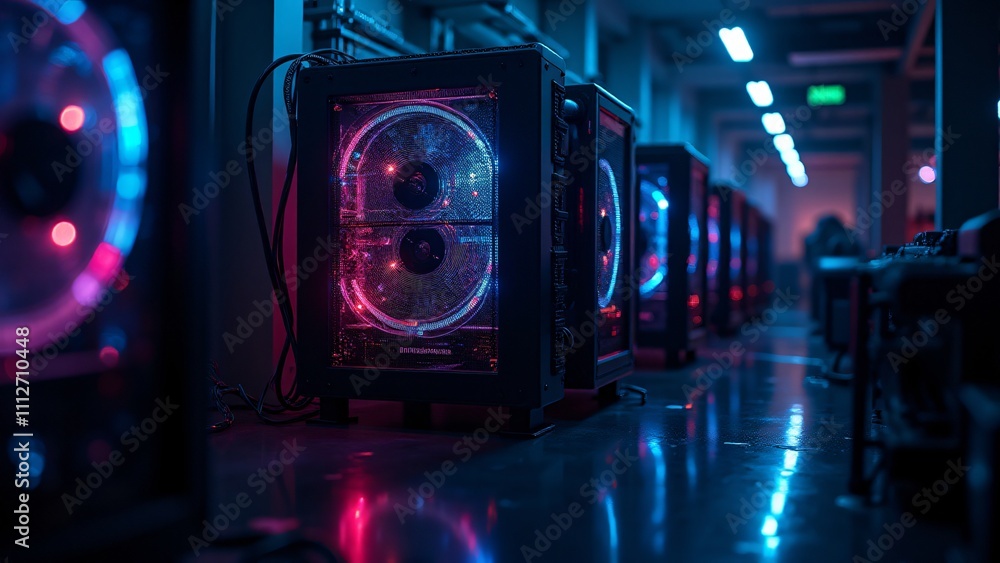 Poster a cryptocurrency mining rig surrounded by glowing cables and digital data flows, representing digita