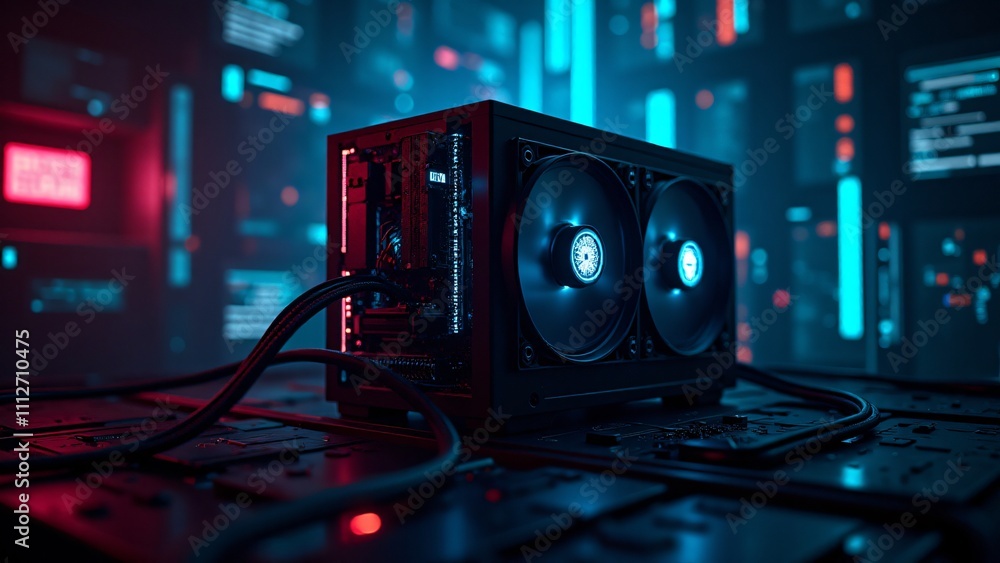 Poster a cryptocurrency mining rig surrounded by glowing cables and digital data flows, representing digita