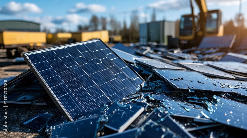 Poster a close-up of solar panel shards being sorted into categorized bins, emphasizing clean and eco-frien