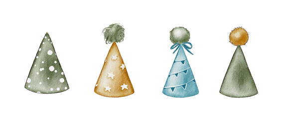 Watercolor Party Hats isolated on white background