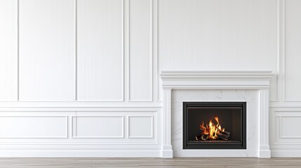 Elegant white interior with ornate fireplace and clean paneling warm and inviting space suited for real estate interior decor or seasonal campaigns