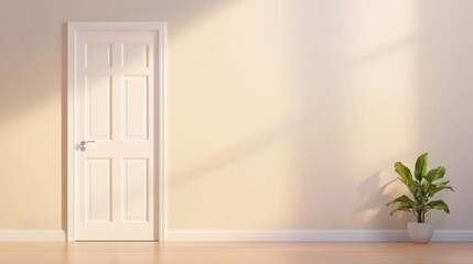 Elegant white door set in a beige wall with detailed paneling and polished wood flooring minimalist interior concept symbolizing opportunity and simplicity