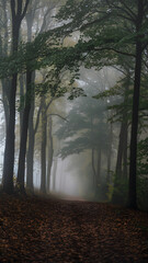 Naklejka premium A misty forest path lined with tall trees, creating a serene and mysterious atmosphere. The ground is covered with fallen leaves, and the fog adds depth to the scene.