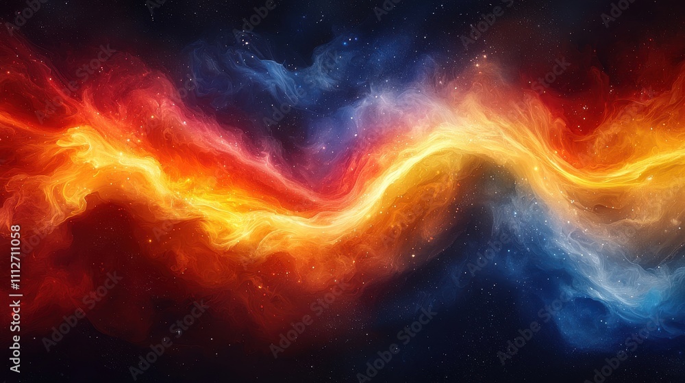 Poster vibrant cosmic swirl of fiery colors creates an abstract representation of interstellar phenomena in