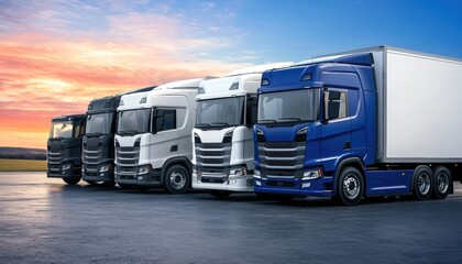 Naklejka premium Fleet of modern trucks lined up on an open road at sunrise industrial and transport concept symbolizing logistics power and reliability