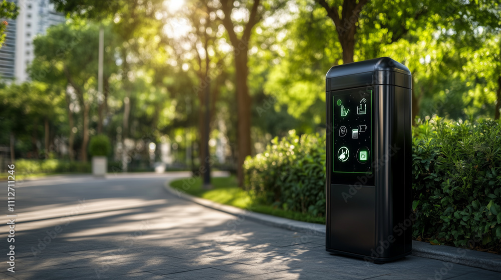 Poster a modern iot-enabled waste bin in an urban park, with a digital screen displaying recycling stats an
