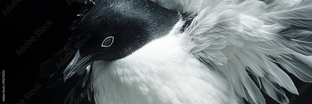 Poster penguin feathers overhead, showcasing smooth layers of white and black, emphasizing texture and colo