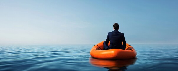 Formal-clad man sitting in a lifeboat on the ocean reflective concept for resilience adaptability and staying afloat in turbulent circumstances