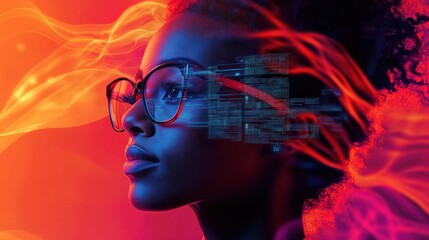 A woman in glasses examining digital interfaces with data overlaying her face banner. UX coding, big data analytics, artificial intelligence, technology, and innovation in high-tech environment