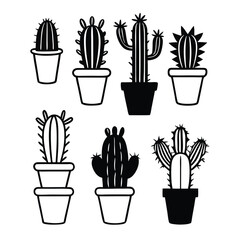 a collection of nine cactus plants in small pots