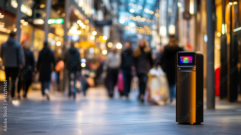 Poster an iot smart bin with a vibrant design placed in a bustling marketplace, its real-time waste trackin