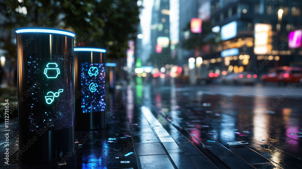 Poster a futuristic street corner featuring iot-enabled bins, with animated indicators showing sorted recyc