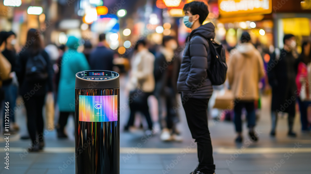 Poster an iot smart bin with a vibrant design placed in a bustling marketplace, its real-time waste trackin