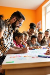 Engaging Art Class: A Creative Man Facilitating a Group of Happy Children in Colorful Artwork Activity