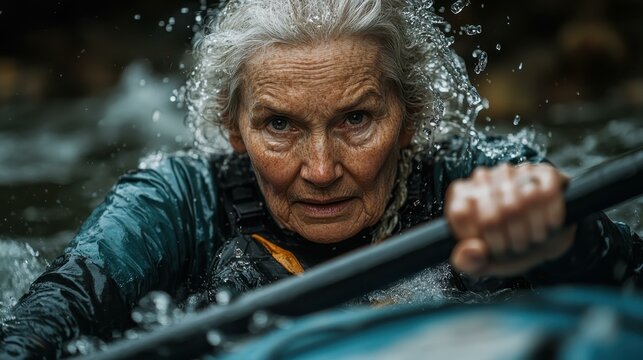 An Elderly woman rowing a kayak through rapids water splashing around her glowing expression of adventure