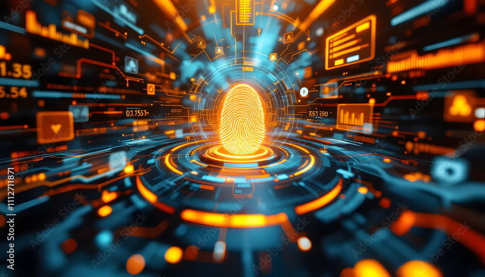 Poster futuristic digital security concept with fingerprint scanner and global map