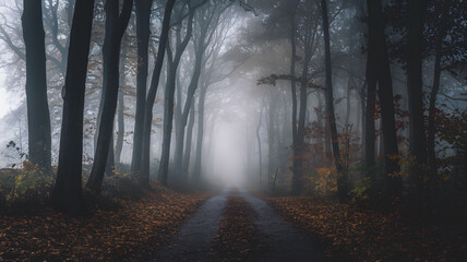 A misty forest path lined with tall trees, creating a serene and mysterious atmosphere. The ground is covered with fallen leaves, and the fog adds depth to the scene.