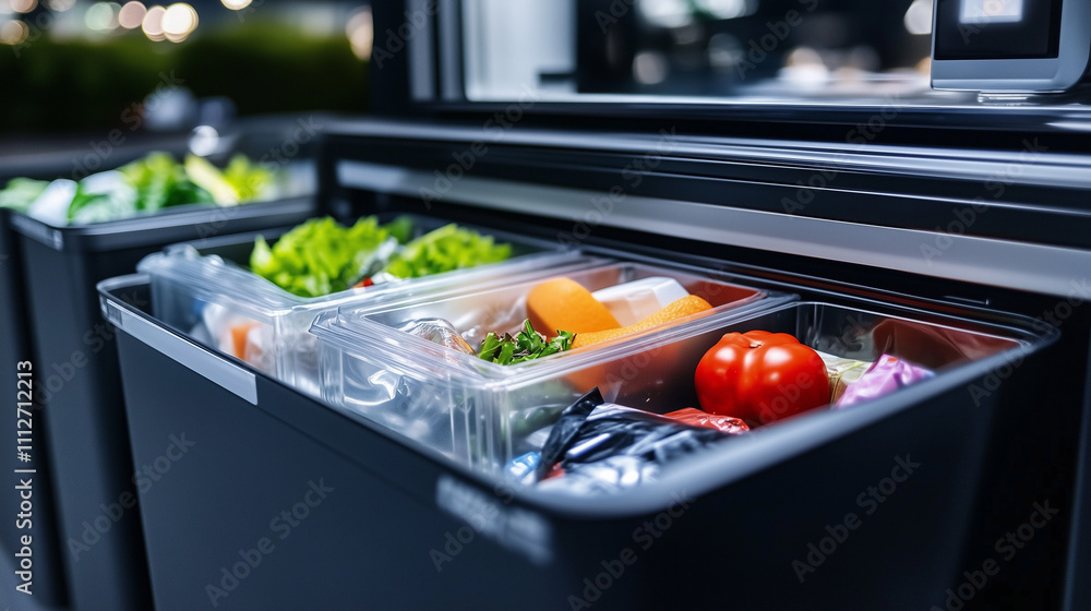 Poster a close-up of a smart binâs compartment segregating biodegradable and non-biodegradable waste, its