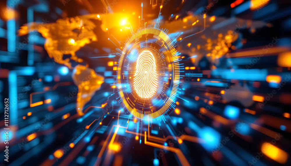 Poster futuristic digital security concept with fingerprint scanner and global map
