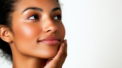 Obraz premium Young Asian woman with radiant skin lightly touching her neck, looking relaxed, white background.