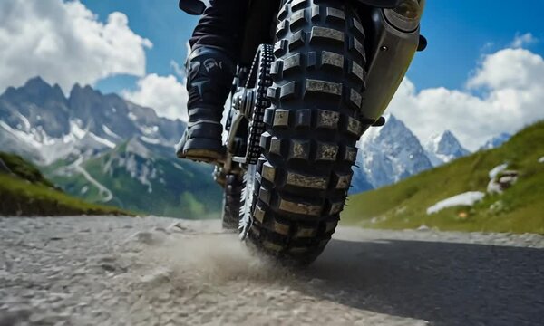 Motorcycle Adventure: Close-up of Tire on Rocky Mountain Trail