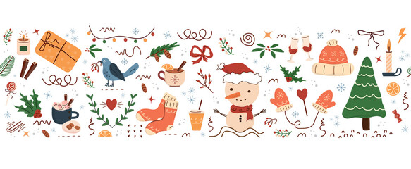 concept winter, seamless pattern, Fir tree, stars, dots, snow,  line drawing. Holiday design elements are isolated on white background. Simple shape conceptfor winter season cards, for  party poster 