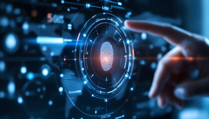 Futuristic Digital Security Concept with Fingerprint Scanner and Global Map