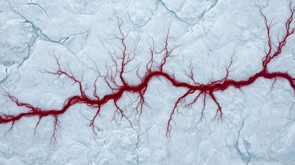 Aerial view of dynamic ice cracks resembling blood vessels in the arctic region