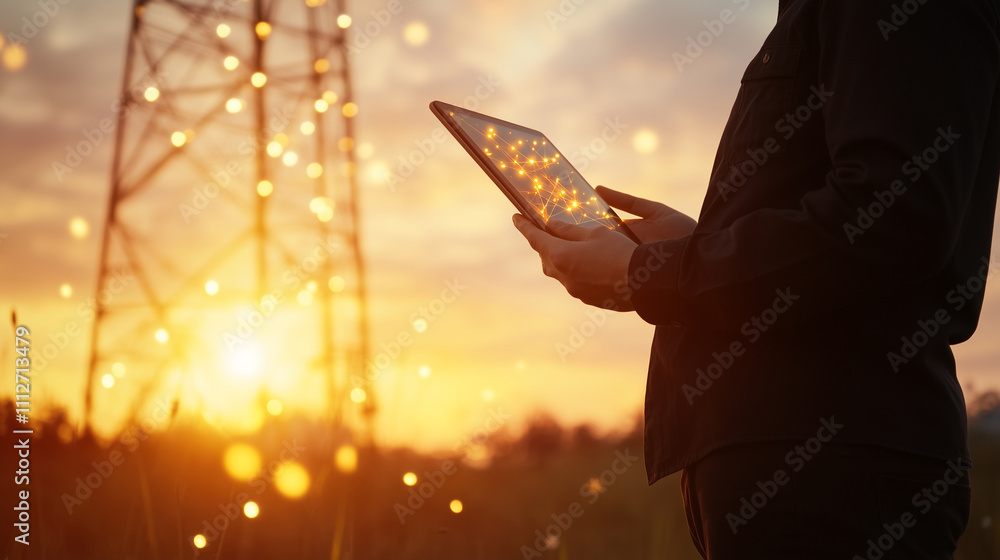 Poster a close-up of an engineer holding a tablet with connectivity data, standing near a telecom tower ill