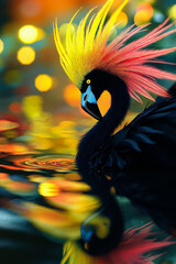 Fototapeta premium A black bird with a bright yellow mohawk on its head