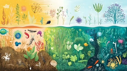 Illustration of the biodiversity in terrestrial and aquatic ecosystems showcasing various plants and microorganisms