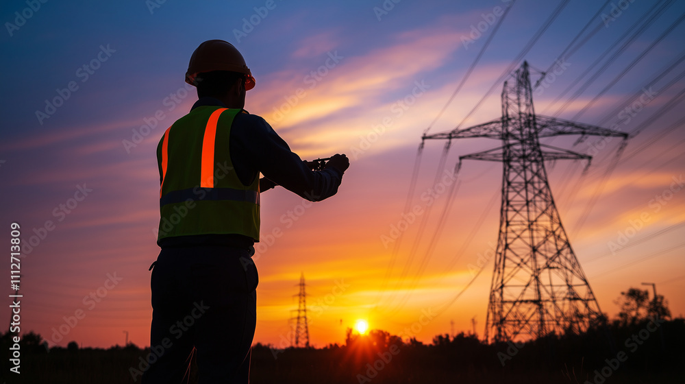Poster an engineer adjusts equipment on a telecom tower as the last rays of sunlight fade, emphasizing the 