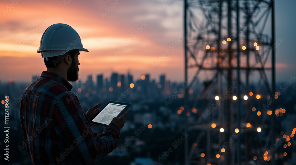 Poster an engineer checks a telecom tower's maintenance logs using a tablet, with the cityâs illuminated 