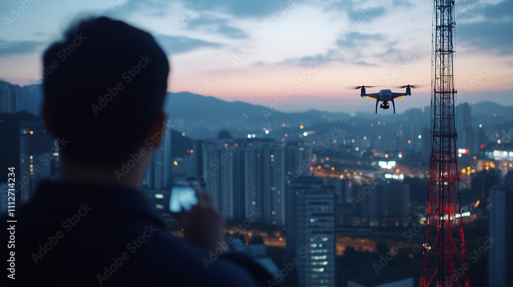 Poster an engineer adjusts a drone flying near a telecom tower for inspections, with dusk light creating a 